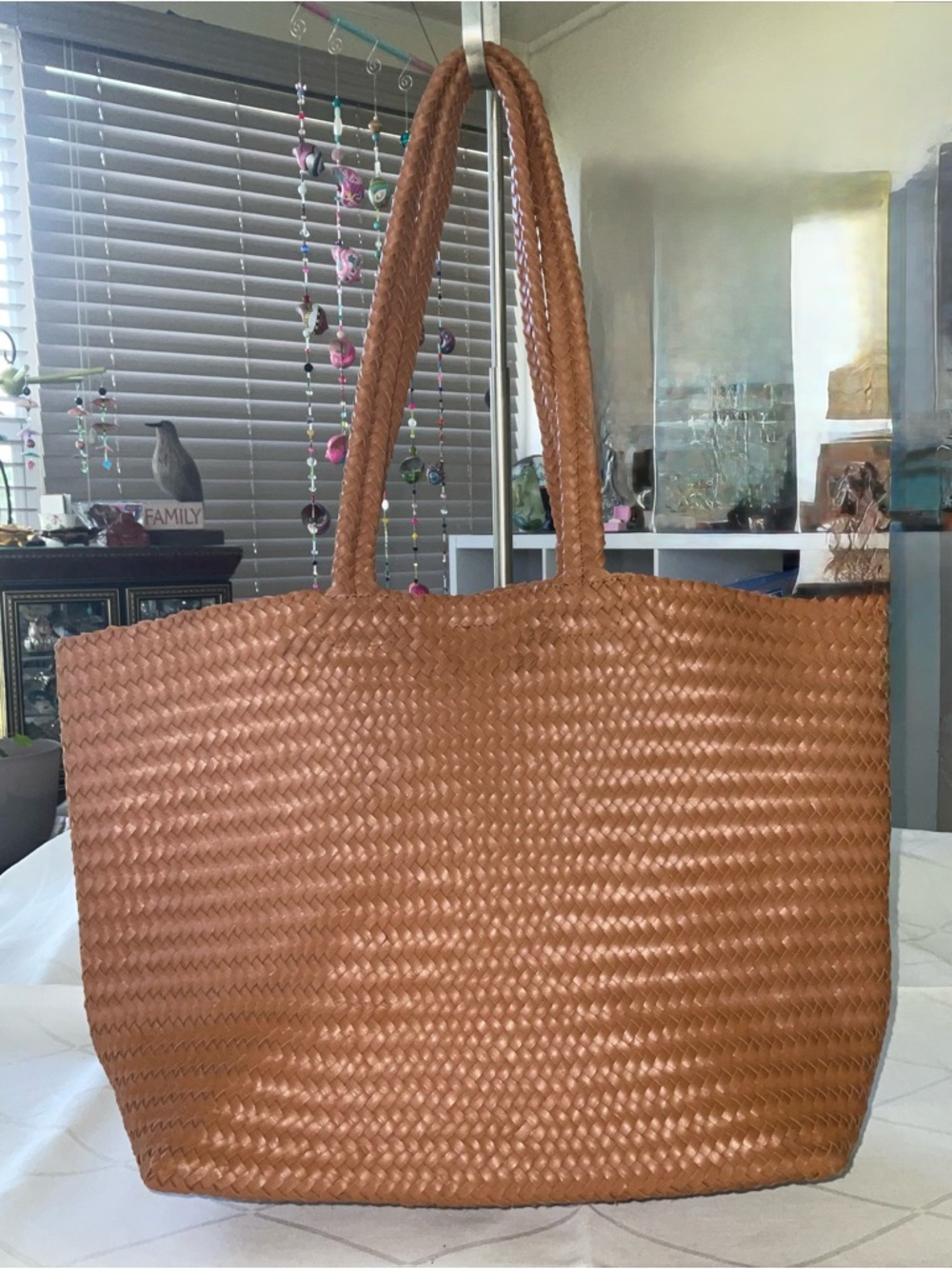 NEW TALBOTS THICK RICH BROWN LEATHER WOVEN TOTE STYLE DOUBLE STRAPS